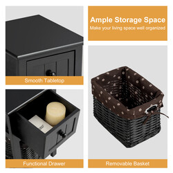 Tvåvånings sängbord i trä med låda och korg, stilren design, svart