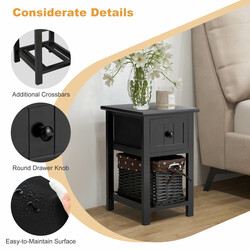 Tvåvånings sängbord i trä med låda och korg, stilren design, svart