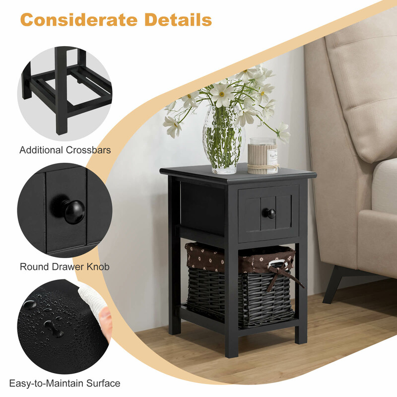 Tvåvånings sängbord i trä med låda och korg, stilren design, svart