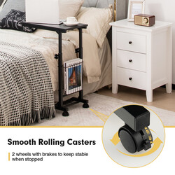 Höj- och sänkbart laptopbord med förvaringskorg och hjul i svart C-formad design