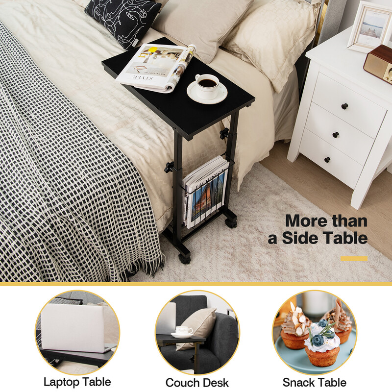 Höj- och sänkbart laptopbord med förvaringskorg och hjul i svart C-formad design