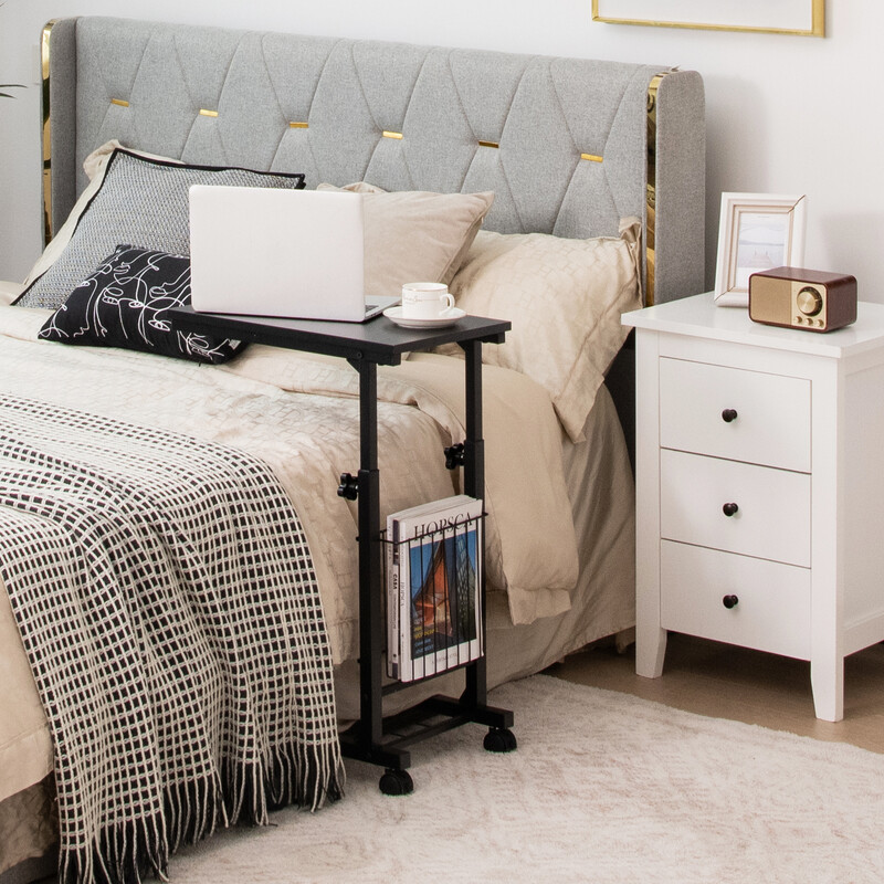 Höj- och sänkbart laptopbord med förvaringskorg och hjul i svart C-formad design