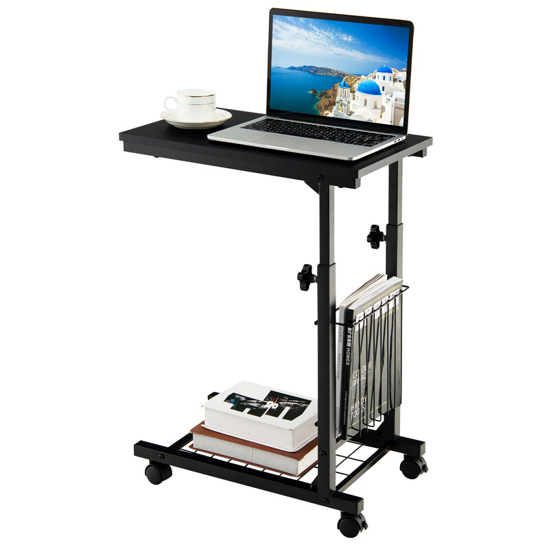 Höj- och sänkbart laptopbord med förvaringskorg och hjul i svart C-formad design