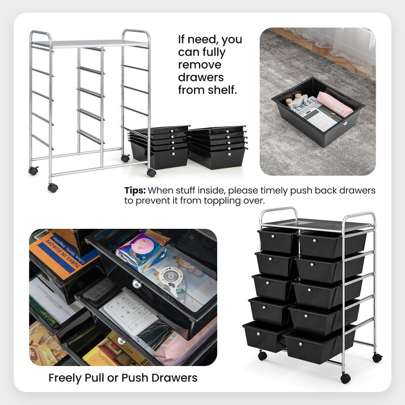 Rullande förvaringsvagn med 10 lådor för verktyg och kontorsmaterial på hjul svart