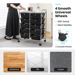 Rullande förvaringsvagn med 10 lådor för verktyg och kontorsmaterial på hjul svart