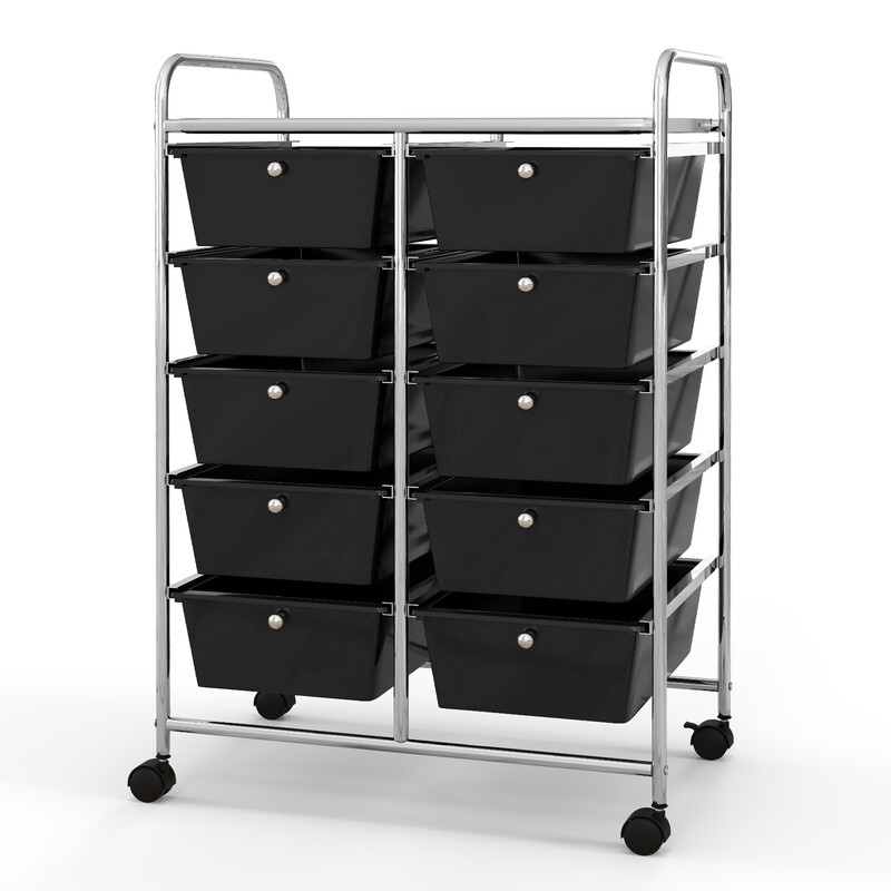 Rullande förvaringsvagn med 10 lådor för verktyg och kontorsmaterial på hjul svart