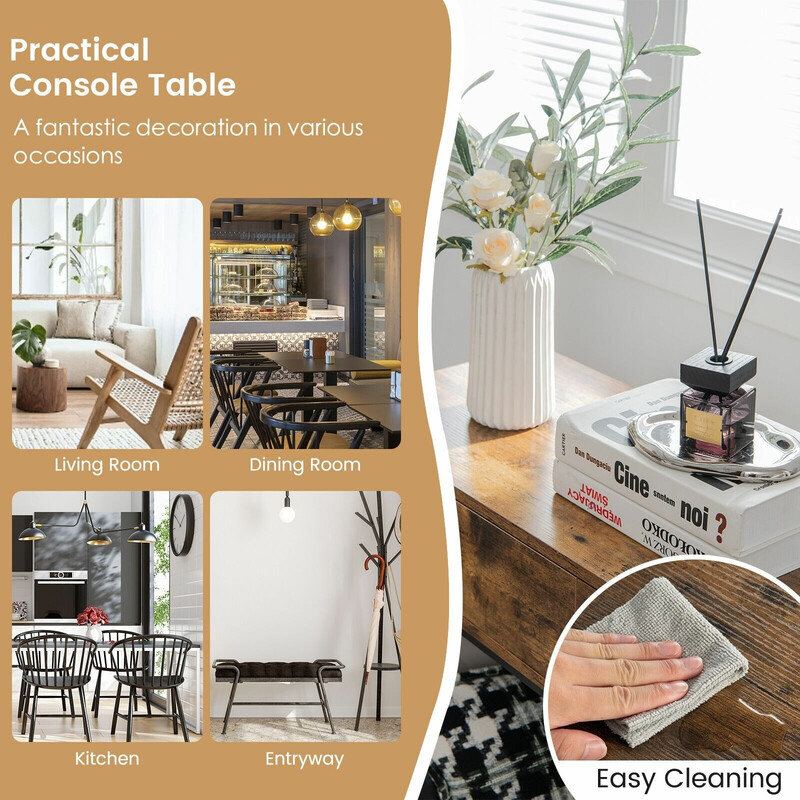 Konsolbord med 2 lådor och trådhylla i rustik brun för hall eller vardagsrum