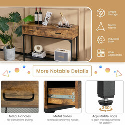 Konsolbord med 2 lådor och trådhylla i rustik brun för hall eller vardagsrum