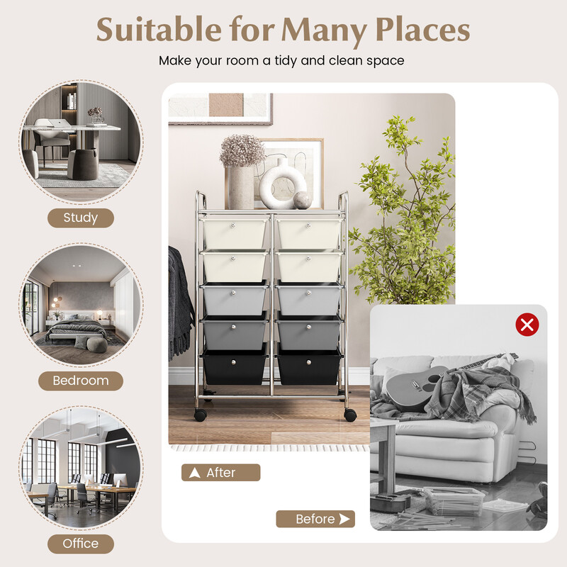 Rullande förvaringsvagn med 10 lådor för verktyg och kontorsmaterial på hjul grå färggradient