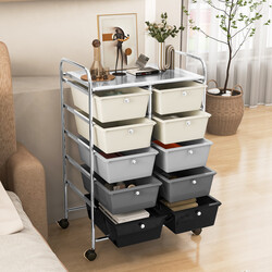 Rullande förvaringsvagn med 10 lådor för verktyg och kontorsmaterial på hjul grå färggradient