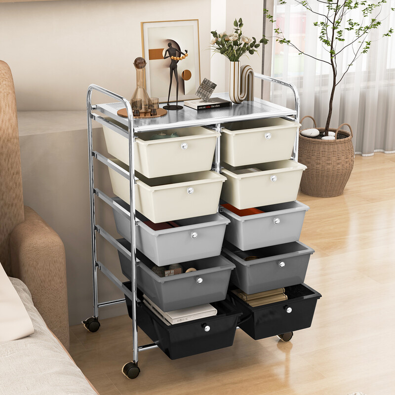 Rullande förvaringsvagn med 10 lådor för verktyg och kontorsmaterial på hjul grå färggradient