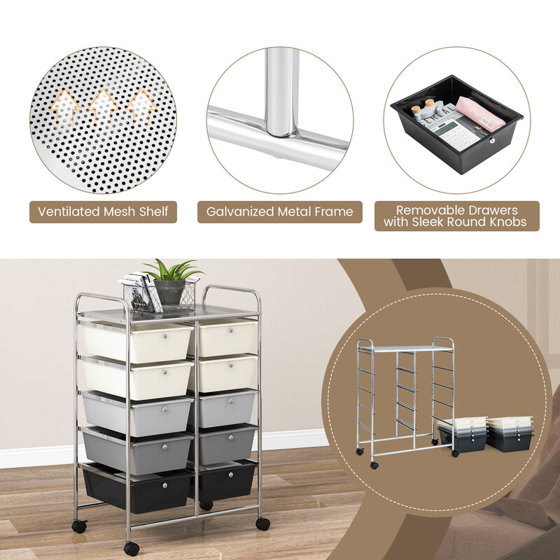 Rullande förvaringsvagn med 10 lådor för verktyg och kontorsmaterial på hjul grå färggradient