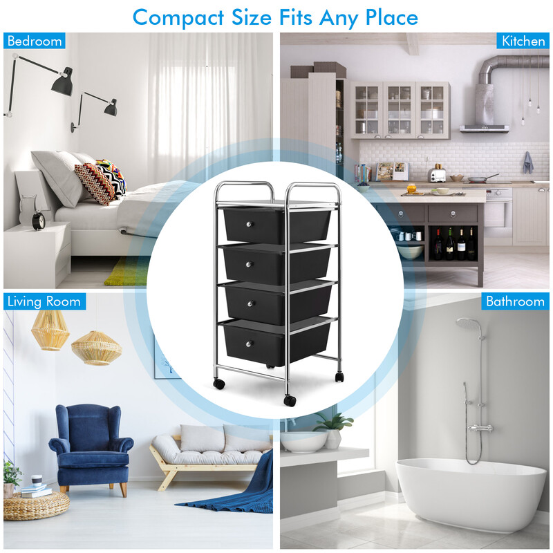 Förvaringsvagn med 4 stapelbara lådor och metallram, svart, 37 x 32 x 76 cm