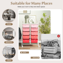 Rullande förvaringsvagn med 10 lådor för verktyg och kontorsmaterial på hjul rosa