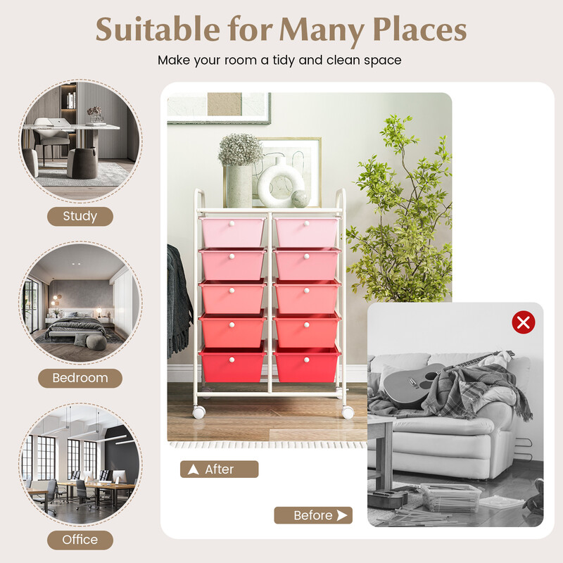 Rullande förvaringsvagn med 10 lådor för verktyg och kontorsmaterial på hjul rosa