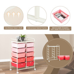 Rullande förvaringsvagn med 10 lådor för verktyg och kontorsmaterial på hjul rosa