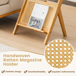 Bambus sidobord med rattan tidningshållare och härdad glasskiva z-formad design