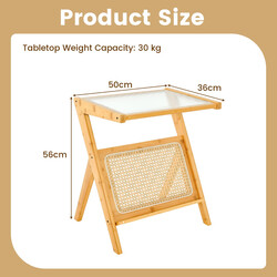 Bambus sidobord med rattan tidningshållare och härdad glasskiva z-formad design