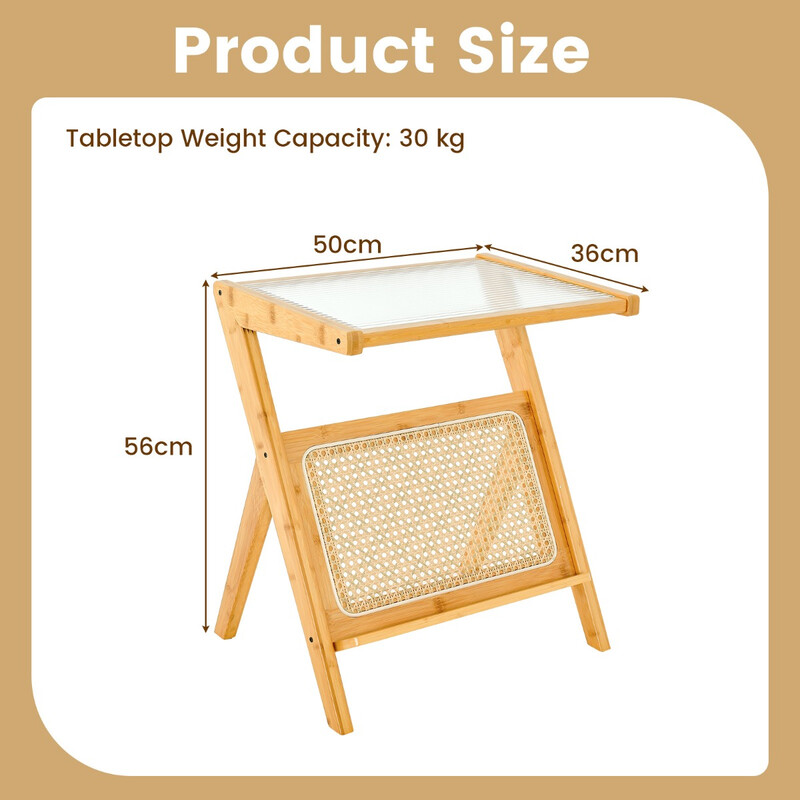 Bambus sidobord med rattan tidningshållare och härdad glasskiva z-formad design