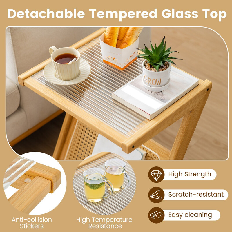 Bambus sidobord med rattan tidningshållare och härdad glasskiva z-formad design