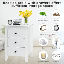 Sängbord med 3 lådor, stor förvaring och stabil konstruktion, vit MDF och spånskiva