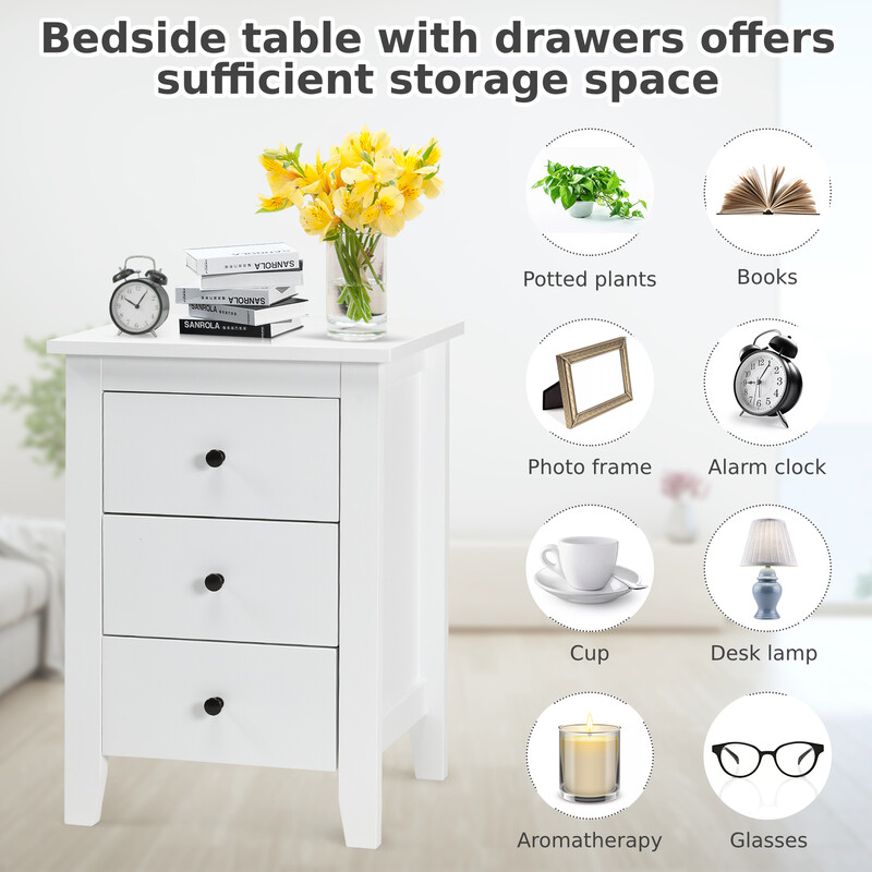 Sängbord med 3 lådor, stor förvaring och stabil konstruktion, vit MDF och spånskiva