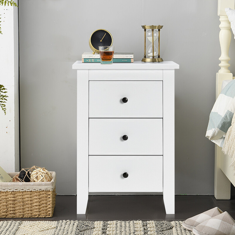 Sängbord med 3 lådor, stor förvaring och stabil konstruktion, vit MDF och spånskiva