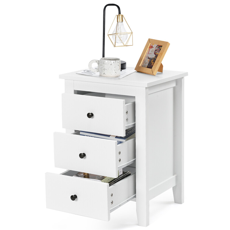 Sängbord med 3 lådor, stor förvaring och stabil konstruktion, vit MDF och spånskiva