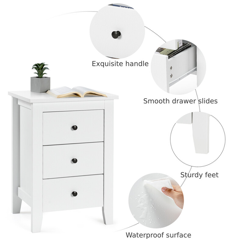 Sängbord med 3 lådor, stor förvaring och stabil konstruktion, vit MDF och spånskiva