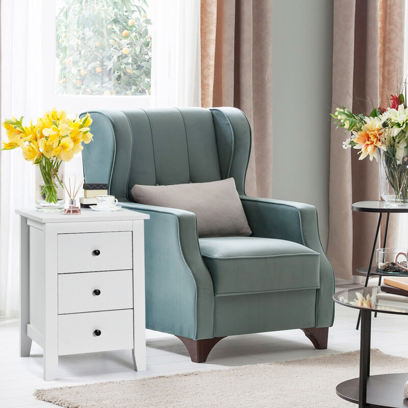 Sängbord med 3 lådor, stor förvaring och stabil konstruktion, vit MDF och spånskiva