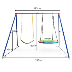 Stor metallgungeställning med robust A-ram, halkfria fotskydd och markspett för säker lek