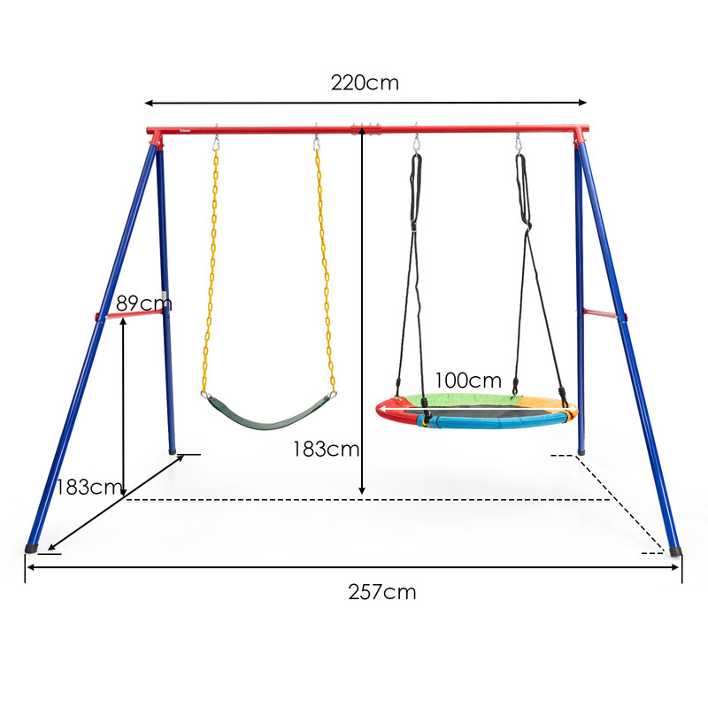 Stor metallgungeställning med robust A-ram, halkfria fotskydd och markspett för säker lek
