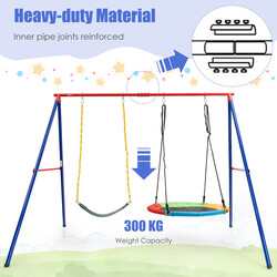 Stor metallgungeställning med robust A-ram, halkfria fotskydd och markspett för säker lek