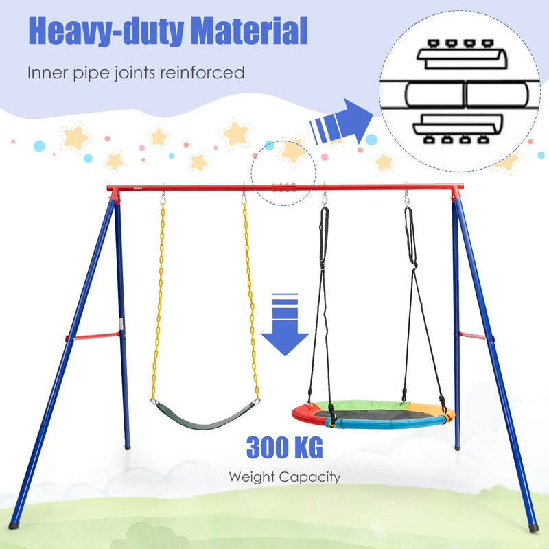 Stor metallgungeställning med robust A-ram, halkfria fotskydd och markspett för säker lek