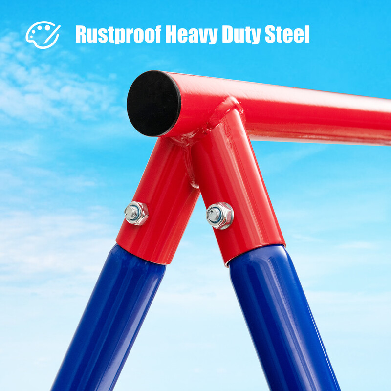 Stor metallgungeställning med robust A-ram, halkfria fotskydd och markspett för säker lek