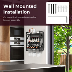 Väggmonterat vinställ med två hyllor och tre rader för vinglashållare
