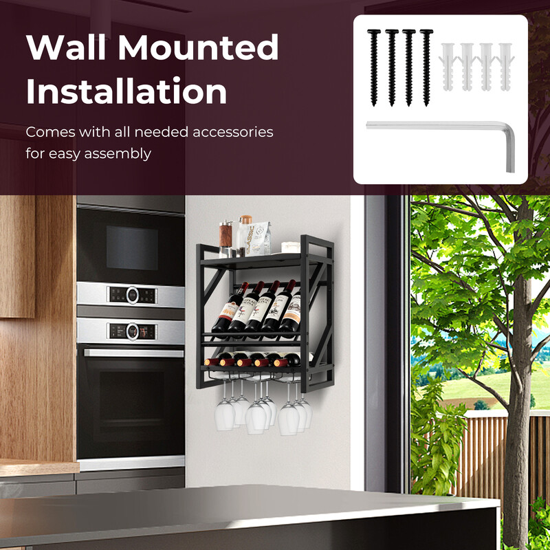 Väggmonterat vinställ med två hyllor och tre rader för vinglashållare
