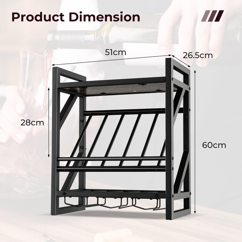 Väggmonterat vinställ med två hyllor och tre rader för vinglashållare