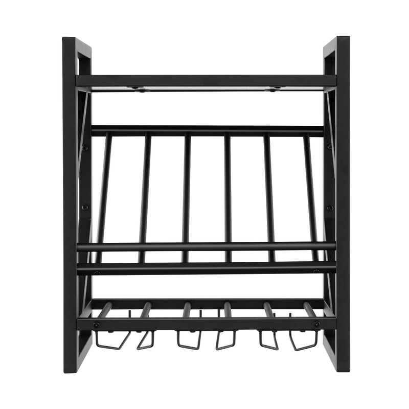 Väggmonterat vinställ med två hyllor och tre rader för vinglashållare