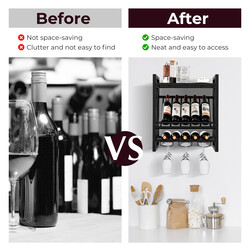 Väggmonterat vinställ med två hyllor och tre rader för vinglashållare