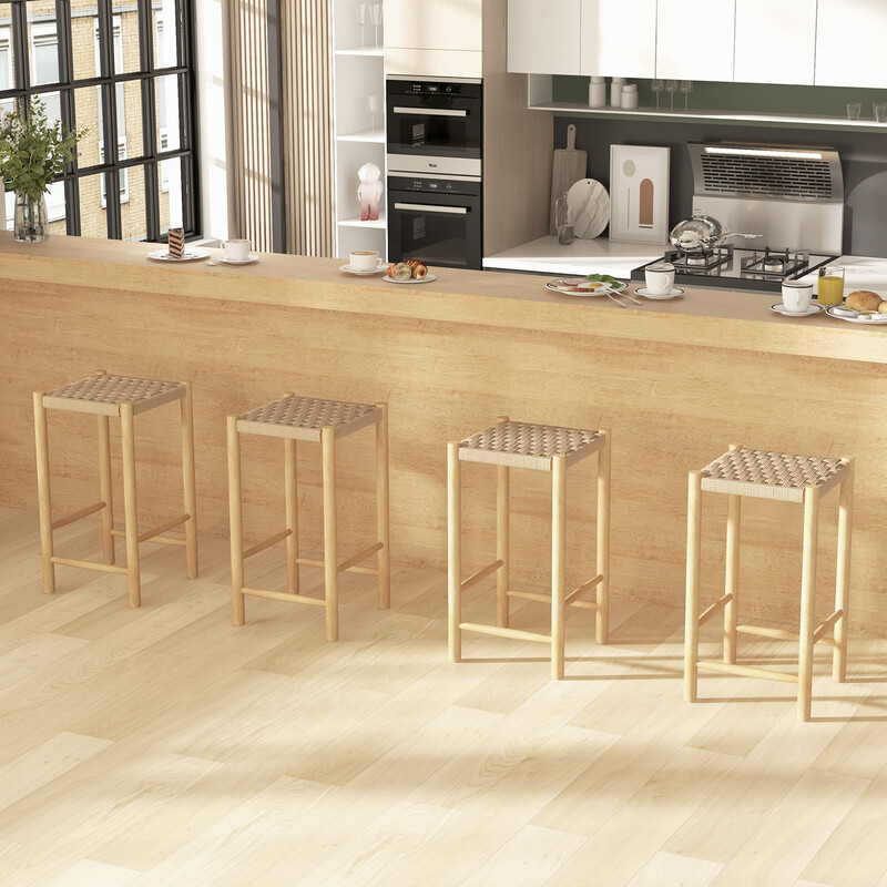 Rustikt barstolset i gummiträ med flätat papperssäte, 65 cm, 2-pack