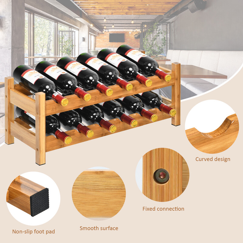 Tvåvånings vinställ i bambu för 12 flaskor - naturlig design och hållbar konstruktion