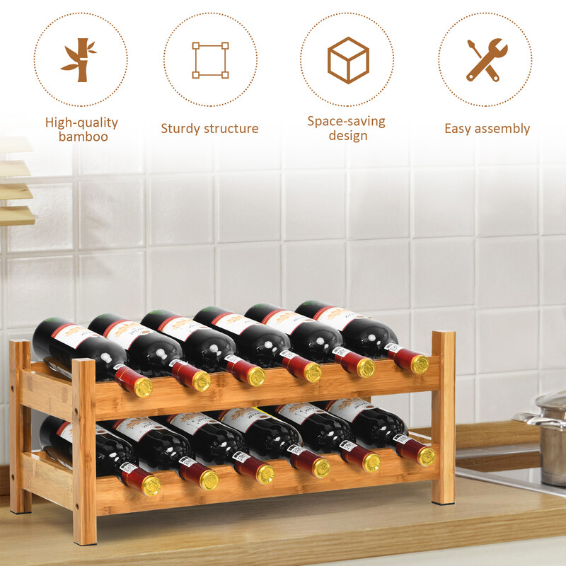 Tvåvånings vinställ i bambu för 12 flaskor - naturlig design och hållbar konstruktion