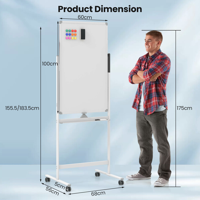 Dubbelsidigt magnetiskt whiteboard med ställning och hjul för kontor och skola 60x100 cm