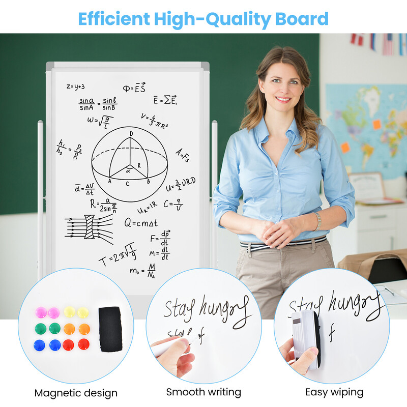 Dubbelsidigt magnetiskt whiteboard med ställning och hjul för kontor och skola 60x100 cm