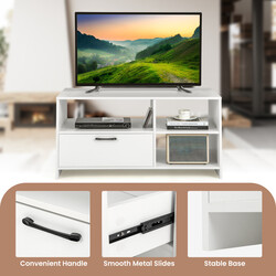 Tv-bänk med öppna fack och låda för tv upp till 50 tum, vit design