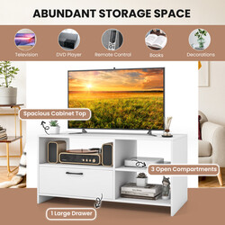 Tv-bänk med öppna fack och låda för tv upp till 50 tum, vit design