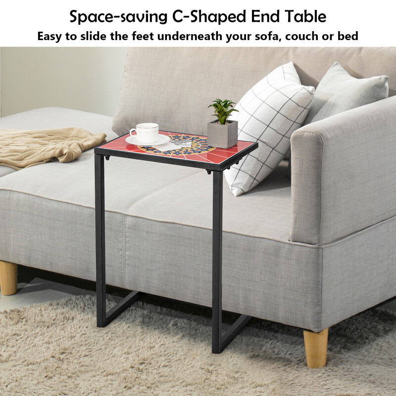 C-formad sidobord med keramisk yta och metallram för inomhus och utomhusbruk