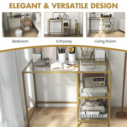 Konsolbord i glas med två hyllor och metallram i guld 106 x 51 x 76 cm