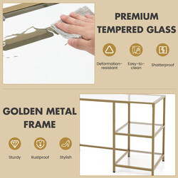 Konsolbord i glas med två hyllor och metallram i guld 106 x 51 x 76 cm